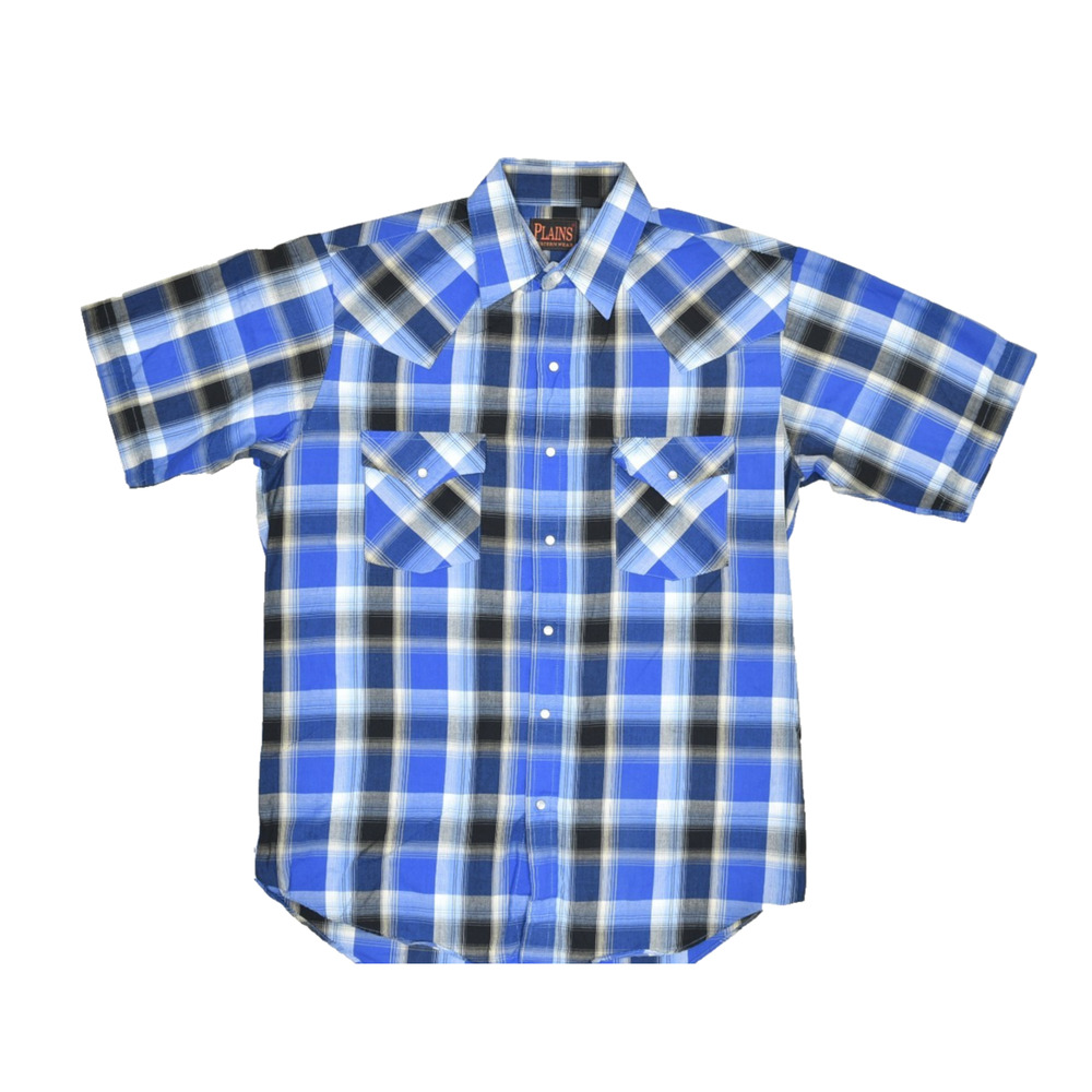Plains Western Wear Men's Regular Size M Blue Plaid Short Sleeve Snap Shirt